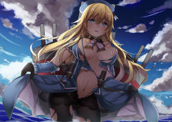 Rule 34 | 10s, 1girl, atago (kancolle), beret, blonde hair, breasts, hat, kantai collection, large breasts, long hair, military, military uniform, navel, pantyhose, personification, solo, stripe (artist), torn clothes, uniform