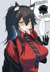 Rule 34 | ..., 1girl, 1other, ambiguous gender, animal ear fluff, animal ears, arknights, black hair, black jacket, black neckwear, brown hair, collared shirt, commentary request, doctor (arknights), gin moku, glaring, gloves, grey background, hair between eyes, highres, jacket, long hair, looking at viewer, necktie, official alternate costume, ponytail, red gloves, red shirt, romaji text, shaded face, shirt, sidelocks, simple background, speech bubble, spoken ellipsis, striped neckwear, texas (arknights), texas (willpower) (arknights), upper body, wolf ears, wolf girl