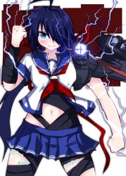 Rule 34 | absurdres, ahoge, bandages, black hair, blue eyes, blue skirt, cannon, clenched hand, hair over one eye, highres, kako (kancolle), kantai collection, kitahama (siroimakeinu831), lightning, low ponytail, machinery, ponytail, red ribbon, ribbon, sailor collar, sailor shirt, searchlight, shirt, signature, skirt, smle, solo
