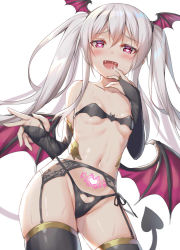 Rule 34 | 1girl, :d, alexmaster, bare shoulders, bikini, black bikini, black gloves, black thighhighs, blush, breasts, bridal gauntlets, cameltoe, clothing cutout, collarbone, contrapposto, cowboy shot, demon girl, demon tail, demon wings, drooling, finger to mouth, garter belt, gloves, groin, hand up, heart, heart-shaped pupils, heart cutout, heart tattoo, holding, long hair, looking at viewer, micro bikini, navel, open mouth, original, pubic cutout, pubic tattoo, purple eyes, saliva, side-tie bikini bottom, sidelocks, silver hair, simple background, small breasts, smile, solo, standing, stomach, sweat, swimsuit, symbol-shaped pupils, tail, tattoo, thighhighs, twintails, untied bikini, white background, wing hair ornament, wings