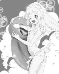 Rule 34 | 1girl, altaria, ass, bad id, bad pixiv id, bikini, breasts, creatures (company), game freak, gen 3 pokemon, greyscale, lillie (pokemon), long hair, monochrome, nintendo, nipples, one eye closed, ontaros, open mouth, pokemon, pokemon (anime), pokemon (creature), pokemon sm (anime), small breasts, standing, swimsuit
