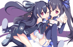 Rule 34 | bare shoulders, black hair, dress, godesses, hair ornament, hairclip, highres, long hair, neptune (series), noire (neptunia), phib, red eyes, ribbon, siblings, sisters, thighs, toung, tsundere, twintails, two side up, uni (neptune series)