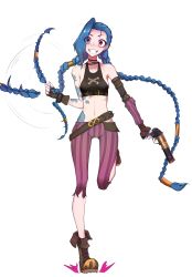 Rule 34 | 1girl, absurdres, arcane: league of legends, blue hair, boots, braid, gloves, highres, jinx (league of legends), league of legends, long hair, twin braids, twintails, very long hair, weapons