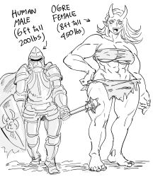 Rule 34 | 1boy, 1girl, armor, bad id, bb (baalbuddy), belt bra, breasts, english text, faulds, full body, greaves, greyscale, hand on own hip, height, highres, inactive account, knight, monochrome, muscular, muscular female, ogre, pelvic curtain, plate armor, simple background, size difference, standing, white background
