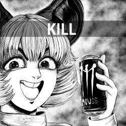 Rule 34 | 1girl, animal ears, bloodshot eyes, brand name imitation, can, commentary, english commentary, english text, evil smile, franzj, greyscale, highres, holding, holding can, looking at viewer, meme, monochrome, monster energy, mouse ears, nazrin, open mouth, parody, portrait, short hair, smile, snapchat, solo, step arts, style parody, teeth, touhou