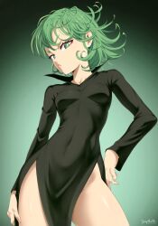 Rule 34 | 1girl, absurdres, arm at side, artist name, black dress, breasts, closed mouth, covered navel, cowboy shot, curly hair, dress, eyelashes, gradient background, green eyes, green hair, groin, hand on own hip, highres, legs, long sleeves, looking at viewer, making-of available, no panties, one-punch man, pelvic curtain, short hair, side slit, small breasts, solo, stayaliveplz, tatsumaki, tight clothes, tight clothes, tight dress