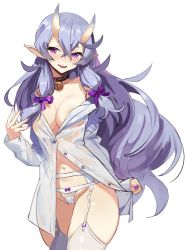 Rule 34 | 1girl, bell, breasts, cameltoe, choker, cleavage, cowboy shot, fang, garter belt, groin, hair between eyes, horns, jingle bell, large breasts, light purple hair, long hair, looking at viewer, mole, mole under mouth, navel, nijisanji, no bra, no pants, off shoulder, open mouth, panties, panties over garter belt, partially unbuttoned, pink eyes, pointy ears, rindou mikoto, seinen, shirt, simple background, skin-covered horns, skindentation, smile, solo, stomach, thighhighs, thighs, underwear, very long hair, virtual youtuber, white background, white garter belt, white panties, white shirt, white thighhighs