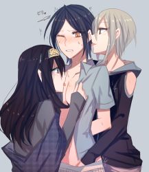 Rule 34 | 10s, 3girls, aoki shizumi, bad id, bad pixiv id, bare shoulders, black hair, blonde hair, blue eyes, blue hair, blush, breasts, collarbone, earrings, fff threesome, fingering, girl sandwich, group sex, hairband, hand in skirt, hand under clothes, hayami kanade, hickey, highres, hood, hoodie, idolmaster, idolmaster cinderella girls, jewelry, licking, licking breast, long hair, multiple girls, one eye closed, open mouth, parted bangs, sagisawa fumika, saliva, sandwiched, school uniform, shiomi syuko, short hair, simple background, sketch, skirt, small breasts, sweat, tears, threesome, tongue, tongue out, yellow eyes, yuri