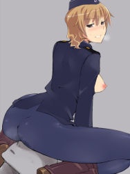 Rule 34 | 10s, 1girl, ass, black pantyhose, boots, brave witches, breasts, breasts out, breath, brown hair, em (totsuzen no hakike), from behind, garrison cap, hat, looking back, medium breasts, military, military uniform, nipples, pantyhose, short hair, simple background, sitting, sitting on face, sitting on person, solo focus, strike witches, uniform, waltrud krupinski, world witches series