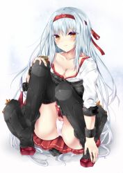 Rule 34 | 10s, 1girl, bad id, bad pixiv id, black thighhighs, breasts, cleavage, collarbone, colored eyelashes, hairband, japanese clothes, kantai collection, long hair, looking at viewer, orange eyes, panties, personification, shoukaku (kancolle), silver hair, sitting, smile, solo, tetsu tissue, thighhighs, underwear, yellow eyes