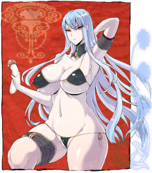 Rule 34 | 00s, 1girl, bare shoulders, bikini, black bikini, breasts, dildo, groin, hip focus, large breasts, long hair, mushroom, red eyes, selvaria bles, senjou no valkyria, senjou no valkyria (series), senjou no valkyria 1, sex toy, sexually suggestive, silver hair, solo, swimsuit, thick thighs, thighs, wide hips, yunioshi