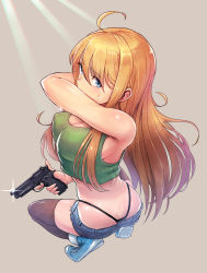 Rule 34 | 1girl, ahoge, ass, bare shoulders, beretta 92, black panties, black thighhighs, blonde hair, blue eyes, blue footwear, blue shorts, breasts, butt crack, cleavage, covered mouth, cutoffs, denim, denim shorts, finger on trigger, full body, green322, green shirt, gun, hair between eyes, handgun, highres, holding, holding gun, holding weapon, large breasts, long hair, original, panties, shirt, shoes, shorts, sneakers, solo, sparkle, squatting, straight hair, tank top, thighhighs, thong, tiptoes, underwear, weapon, whale tail (clothing)