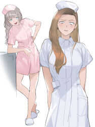 Rule 34 | 2girls, arms behind back, black eyes, blue eyes, blush, breasts, brown hair, character request, commentary request, constricted pupils, curtained hair, dress, earrings, fang, grey hair, hand on own hip, hat, highres, jewelry, large breasts, leaning on object, long hair, looking at viewer, low-braided long hair, low-tied long hair, multiple girls, nanakusa nazuna (yofukashi no uta), no socks, nurse, nurse cap, open mouth, parted lips, pink dress, raised eyebrow, sanpaku, short dress, short sleeves, slippers, smile, soosaresu, white dress, yofukashi no uta