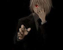 Rule 34 | 16 ban, 1boy, black background, black jacket, black necktie, blonde hair, bob cut, collared shirt, formal, glowing, glowing eyes, hair over one eye, hand on own face, hand up, hunter x hunter, jacket, jewelry, kurapika, long sleeves, looking at viewer, male focus, multiple rings, necktie, one eye covered, reaching, reaching towards viewer, red eyes, ring, shirt, short hair, simple background, solo, suit, upper body, white shirt