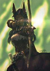 Rule 34 | 1girl, abs, animal ears, armlet, arrow (projectile), backlighting, black hair, blurry, blurry background, bow (weapon), bracelet, brown eyes, centaur, dark-skinned female, dark skin, dated, female focus, horse ears, jewelry, kionaoki, long hair, looking at viewer, monster girl, muscular, muscular female, nose piercing, original, outdoors, piercing, serious, signature, solo, strapless, taur, tribal, tube top, weapon