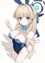 Rule 34 | 1girl, :o, absurdres, animal ears, aqua bow, aqua bowtie, bare shoulders, blonde hair, blue archive, blue bow, blue eyes, blue hair, blue leotard, bow, bowtie, breasts, cleavage, detached collar, double v, fake animal ears, hair bow, headset, highleg, highleg leotard, highres, johnny (braun-kan cafe), leotard, long hair, looking at viewer, medium breasts, multicolored hair, official alternate costume, rabbit ears, revision, solo, thighhighs, thighs, toki (blue archive), toki (bunny) (blue archive), two-tone hair, v, white thighhighs