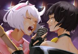 Rule 34 | ahoge, bare shoulders, black gloves, black hair, bracelet, cheymix, collar, electric guitar, elphelt valentine, fingerless gloves, gloves, guilty gear, guilty gear strive, guitar, hairband, highres, holding, holding microphone, huge ahoge, i-no, instrument, jacket, jewelry, long sleeves, microphone, mole, mole above mouth, open mouth, pink hairband, pink jacket, pink nails, purple eyes, red lips, short hair, smile, spiked bracelet, spiked collar, spiked hairband, spikes, white hair