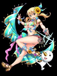 Rule 34 | :d, bead bracelet, beads, bikini, black background, bracelet, breasts, cleavage, fairy tail, flower, full body, glint, gold trim, hair flower, hair ornament, heart, jewelry, jpeg artifacts, key, keyring, large breasts, leg ribbon, legband, looking at viewer, lucy heartfilia, nail polish, navel, open mouth, plue, purple nails, ribbon, sandals, short twintails, sidelocks, smile, solo, swimsuit, twintails, underboob