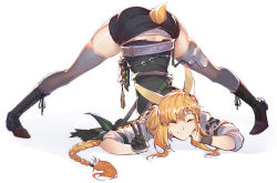 Rule 34 | 1girl, animal ears, arknights, arm support, belt, black footwear, black gloves, black shorts, blonde hair, blush, boots, braid, closed mouth, cross-laced footwear, closed eyes, facing viewer, full body, gloves, grey thighhighs, hand on own cheek, hand on own face, highres, jack-o&#039; challenge, knee boots, kroos (arknights), kroos the keen glint (arknights), lace-up boots, long hair, long sleeves, meme, panties, panty peek, quiver, rabbit ears, rabbit girl, rabbit tail, short shorts, shorts, simple background, single braid, single glove, skindentation, slmsxiaodu, smile, solo, tail, thighhighs, top-down bottom-up, underwear, v, white background, white panties
