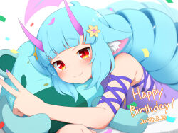 Rule 34 | 1girl, animal ears, blue hair, blunt bangs, closed mouth, commentary request, dated, delmin (show by rock!!), hair ornament, happy birthday, hinotama (hinotama422), horns, long hair, looking at viewer, lying, red eyes, show by rock!!, simple background, smile, solo, stuffed toy, white background
