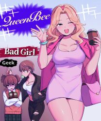 Rule 34 | 3girls, absurdres, alisa (girls und panzer), bag, bespectacled, black-framed eyewear, black nails, black pants, blonde hair, blue eyes, blush, bracelet, breasts, brown hair, cleavage, coffee cup, commentary request, crop top, cup, disposable cup, dress, earrings, english text, girls und panzer, glasses, handbag, highres, holding, holding cup, jewelry, kay (girls und panzer), large breasts, long sleeves, looking at another, looking at viewer, multiple girls, naomi (girls und panzer), one eye closed, open mouth, pants, pink dress, red nails, round eyewear, short hair, smile, yoshipi