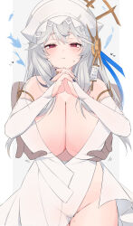 Rule 34 | 1girl, areola slip, arknights, armlet, black nails, blush, breasts, bridal gauntlets, chunta, cleavage, commentary, covered erect nipples, cowboy shot, disembodied hand, dress, fish, gloves, grabbing, grabbing another&#039;s breast, grabbing from behind, grey hair, hat, highres, large breasts, long hair, looking at viewer, no panties, official alternate costume, own hands clasped, own hands together, parted lips, plunging neckline, praying, red eyes, see-through, see-through dress, simple background, solo focus, specter (arknights), specter the unchained (arknights), specter the unchained (born as one) (arknights), spiked armlet, standing, sweat, thigh gap, white background, white dress, white gloves, white hat