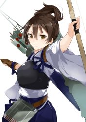 Rule 34 | 10s, 1girl, akiha (attract), arrow (projectile), bad id, bad pixiv id, bow (weapon), brown eyes, brown hair, flight deck, gloves, hair between eyes, japanese clothes, kaga (kancolle), kantai collection, kskasutera, muneate, partially fingerless gloves, partly fingerless gloves, quiver, side ponytail, solo, weapon, white background, yugake