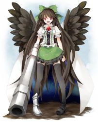 Rule 34 | 1girl, alternate weapon, arm cannon, asymmetrical clothes, asymmetrical footwear, bad id, bad pixiv id, bow, brown hair, female focus, hair bow, highres, long hair, mismatched footwear, red eyes, reiuji utsuho, ringpearl, solo, thighhighs, touhou, weapon, wings