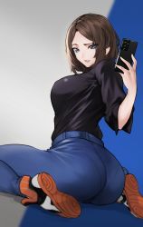 Rule 34 | 1girl, absurdres, ass, black shirt, blue eyes, breasts, brown hair, cellphone, denim, highres, jeans, kobi420, large breasts, pants, pantylines, parted bangs, parted lips, phone, samsung, samsung sam, selfie, shirt, shoes, short hair, smartphone, sneakers, solo, taking picture, tight clothes, tight pants