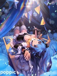 Rule 34 | 1girl, balloon, black thighhighs, blue eyes, blue hair, breasts, card, cleavage, crescent, crescent moon, detached sleeves, downblouse, floating card, flag, from above, fur trim, holding, holding card, kkuem, lens flare, long hair, looking at viewer, lying, maid, matching hair/eyes, medium breasts, moon, on back, original, playing card, smile, solo, star (symbol), thighhighs, upside-down, wristband