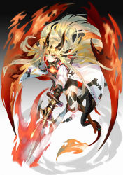 Rule 34 | 1girl, arknights, aura, black background, black footwear, black gloves, black sweater, black thighhighs, blonde hair, boots, breasts, chain, chain necklace, closed mouth, dragon horns, dragon tail, expressionless, fire, floating hair, full body, gloves, gradient background, green eyes, highres, horns, jacket, jewelry, long hair, medium breasts, necklace, polearm, reed (arknights), ribbed sweater, samo (shichun samo), simple background, skindentation, slit pupils, solo, spear, sweater, tail, thigh boots, thighhighs, thighs, two-tone background, weapon, white background, white jacket