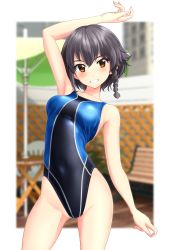 Rule 34 | 1girl, absurdres, beach umbrella, bench, black hair, black one-piece swimsuit, blurry, braid, brown eyes, chair, commentary request, competition swimsuit, cowboy shot, depth of field, fence, girls und panzer, grin, highres, looking at viewer, one-piece swimsuit, pepperoni (girls und panzer), short hair, side braid, smile, solo, swimsuit, takafumi, two-tone background, umbrella