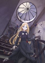 Rule 34 | abigail williams (fate), absurdres, alternate costume, arazand, black dress, black pantyhose, black ribbon, blue eyes, bug, butterfly, commentary request, door, dress, fate/grand order, fate (series), flower, from below, highres, indoors, insect, long hair, long sleeves, looking at viewer, open door, pantyhose, parted bangs, red flower, red rose, ribbon, rose, solo, stairs