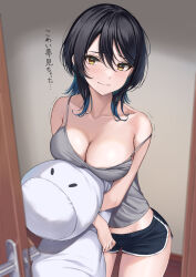 Rule 34 | 1girl, absurdres, bare shoulders, black hair, blue hair, breasts, camisole, cleavage, collarbone, colored inner hair, dolphin shorts, doorway, grey camisole, hair between eyes, highres, holding, holding pillow, hugging object, large breasts, looking at viewer, medium hair, multicolored hair, off shoulder, open door, original, pillow, pillow hug, pov doorway, rama (yu-light8), shorts, solo, strap slip, tears, yellow eyes
