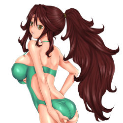Rule 34 | 00s, 1girl, bad anatomy, breasts, casual one-piece swimsuit, cleavage, gundam, gundam 00, halterneck, large breasts, long hair, looking back, one-piece swimsuit, ponytail, poorly drawn, rokuichi, solo, sumeragi lee noriega, swimsuit