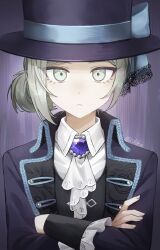 Rule 34 | 1girl, absurdres, ascot, black vest, blue bow, boater hat, bow, closed mouth, coat, cof fe e, collared shirt, crossed arms, grey eyes, grey hair, hair bun, hands up, hat, hat bow, highres, long sleeves, looking at viewer, purple background, purple brooch, purple coat, purple hat, reverse:1999, shirt, short hair, sidelocks, single side bun, solo, straight-on, twitter username, upper body, vertin (reverse:1999), vest, waistcoat, white ascot, white shirt