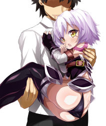 Rule 34 | 1boy, 1girl, aged down, ass, bandages, bare shoulders, belt, black hair, black panties, black pants, black thighhighs, blush, butt crack, carrying, drooling, faceless, faceless male, fate/apocrypha, fate/grand order, fate (series), fujimaru ritsuka (male), gloves, highres, jack the ripper (fate/apocrypha), looking at viewer, open mouth, panties, pants, princess carry, scar, shimejinameko, shiny clothes, shiny skin, shirt, shirt tug, short hair, silver hair, standing, tattoo, thighhighs, underwear, white shirt, yellow eyes