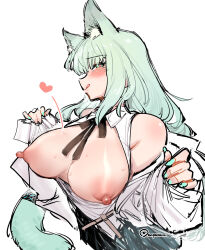 Rule 34 | 1girl, :q, animal ears, aqua eyes, aqua hair, aqua nails, arknights, bare shoulders, blush, breasts, breasts out, harmonie (arknights), heart, heart-shaped pupils, highres, large breasts, long hair, looking at viewer, nipples, puffy nipples, simple background, sketch, smile, solo, stine r, sweat, symbol-shaped pupils, tail, tongue, tongue out, variant set, white background