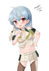 Rule 34 | 1girl, absurdres, ahoge, blonde hair, blue hair, brown thighhighs, commentary request, cosplay, cowboy shot, crop top, gradient hair, hand on own chest, highres, kantai collection, long hair, maru (marg0613), midriff, multicolored hair, one-hour drawing challenge, pleated skirt, red eyes, sado (kancolle), shirt, simple background, skirt, solo, thighhighs, unryuu (kancolle), unryuu (kancolle) (cosplay), white background, white shirt, white skirt