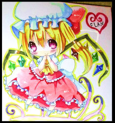 Rule 34 | 1girl, ascot, blonde hair, chibi, chocolat (momoiro piano), female focus, flandre scarlet, hat, heart, red eyes, shikishi, side ponytail, smile, solo, embodiment of scarlet devil, touhou, traditional media, wings