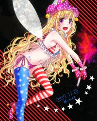 Rule 34 | 1girl, alternate headwear, american flag bikini, american flag legwear, american flag print, bare shoulders, bikini, blonde hair, clownpiece, dated, fairy wings, fire, flag print, flat chest, gloves, highres, ice (aitsugai), long hair, micro bikini, neck ruff, open mouth, panties, pink eyes, pink footwear, polka dot, polka dot panties, print bikini, shoes, side-tie bottom, solo, star (symbol), star print, striped clothes, striped thighhighs, swimsuit, thighhighs, torch, touhou, underwear, very long hair, wavy hair, wings