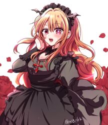 Rule 34 | 1girl, asgykk, black dress, black hairband, blonde hair, dress, fangs, flower, hairband, highres, hoshino ruby, jewelry, long hair, necklace, open mouth, oshi no ko, pink eyes, rose, smile, solo, star-shaped pupils, star (symbol), symbol-shaped pupils