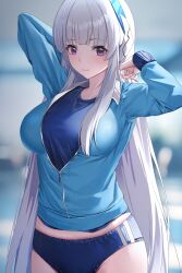 Rule 34 | 1girl, absurdres, blue archive, highres, long hair, long sleeves, looking at viewer, noa (blue archive), open clothes, po ppe, purple eyes, smile, solo, standing, white hair
