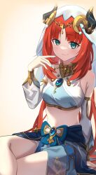 Rule 34 | 1girl, aqua eyes, blue gemstone, blue nails, breasts, brooch, circlet, cowboy shot, crop top, crossed legs, detached sleeves, fake horns, gem, genshin impact, gold trim, gradient background, harem outfit, highres, horns, jewelry, long hair, long sleeves, looking at viewer, medium breasts, mxsoundtube, navel, nilou (genshin impact), puffy sleeves, red hair, smile, smirk, solo, twintails, veil, white background, white veil, yellow background