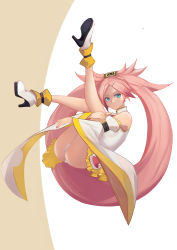Rule 34 | 1girl, absurdres, alternate color, ankle boots, ass, bare shoulders, blue eyes, boots, chinese clothes, closed mouth, commentary request, dress, full body, guilty gear, hair ornament, hairclip, high heels, highres, kuradoberi jam, legs grab, legs up, light smile, lips, long hair, looking at viewer, panties, parted bangs, pink hair, shiny skin, short dress, simple background, solo, thighs, underwear, very long hair, white panties, wide sleeves, yongzhe mei hong