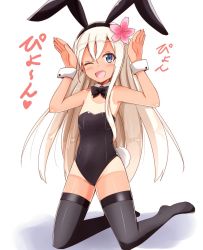 Rule 34 | 10s, 1girl, :d, aikawa ryou, alternate costume, animal ears, black thighhighs, blonde hair, blue eyes, blush, bow, bowtie, commentary request, detached collar, fake animal ears, fake tail, flat chest, flower, full body, hair flower, hair ornament, highres, kantai collection, kneeling, leotard, long hair, one-piece tan, one eye closed, open mouth, playboy bunny, rabbit ears, rabbit pose, rabbit tail, ro-500 (kancolle), simple background, smile, solo, tail, tan, tanline, thighhighs, white background, wrist cuffs