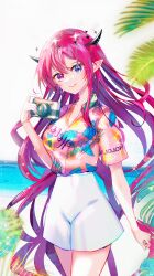 Rule 34 | 1girl, absurdres, arm at side, beach, blue eyes, camera, collared shirt, commentary, cross-shaped pupils, earrings, floral print, floral print shirt, halo, hawaiian shirt, head tilt, heterochromia, highres, hololive, hololive english, horns, irys (hololive), jewelry, long hair, looking at viewer, multicolored hair, ocean, official alternate costume, outdoors, palm tree, parted lips, pink eyes, pink hair, pink shirt, pointy ears, print shirt, purple hair, red hair, shirt, short sleeves, shorts, smile, solo, sowon, summer, symbol-only commentary, symbol-shaped pupils, tree, tropical, very long hair, virtual youtuber, white shorts