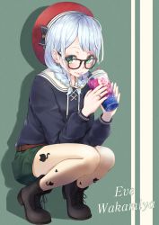 Rule 34 | 10s, 1girl, bang dream!, beret, bespectacled, black-framed eyewear, black bow, black footwear, blue hair, blue shirt, blush, boots, bow, braid, character name, closed mouth, commentary, cross-laced footwear, cup, disposable cup, drawstring, drinking straw, english commentary, funyariko, glasses, green background, green eyes, green shorts, hair bow, hair over shoulder, hands up, hat, hat bow, highres, holding, holding cup, lace-up boots, long hair, long sleeves, low twintails, red hat, sailor collar, shirt, short shorts, shorts, smile, solo, squatting, tiptoes, twin braids, twintails, two-tone background, wakamiya eve, white background, white sailor collar, yellow bow