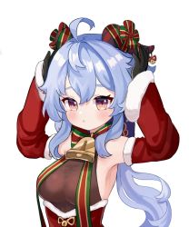 Rule 34 | ahoge, armpits, arms up, bare shoulders, bell, black gloves, blue hair, blush, bow, breasts, christmas, detached sleeves, ganyu (genshin impact), genshin impact, gloves, highres, horns, long hair, looking at viewer, low ponytail, medium breasts, miyako draw, multicolored eyes, neck bell, red sleeves, santa costume, sideboob, sidelocks, solo, upper body, white background
