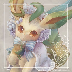 Rule 34 | bow, brown eyes, cape, clothed pokemon, commentary request, creatures (company), framed, frills, game freak, gen 4 pokemon, grey background, leaf, leafeon, looking at viewer, momomo12, nintendo, pokemon, signature, striped, striped bow, yellow fur